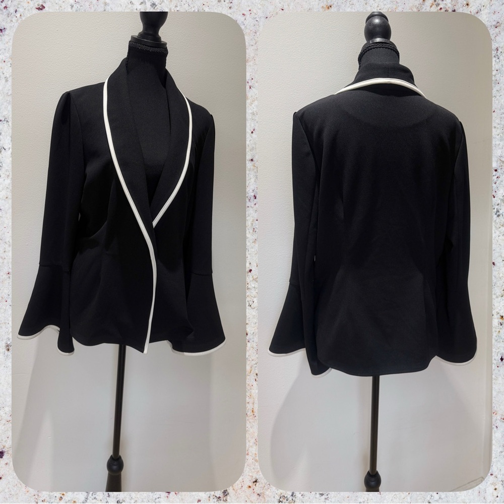 Bar III Women’s Bell Sleeves Black Blazer with White Trim-Sz Large
